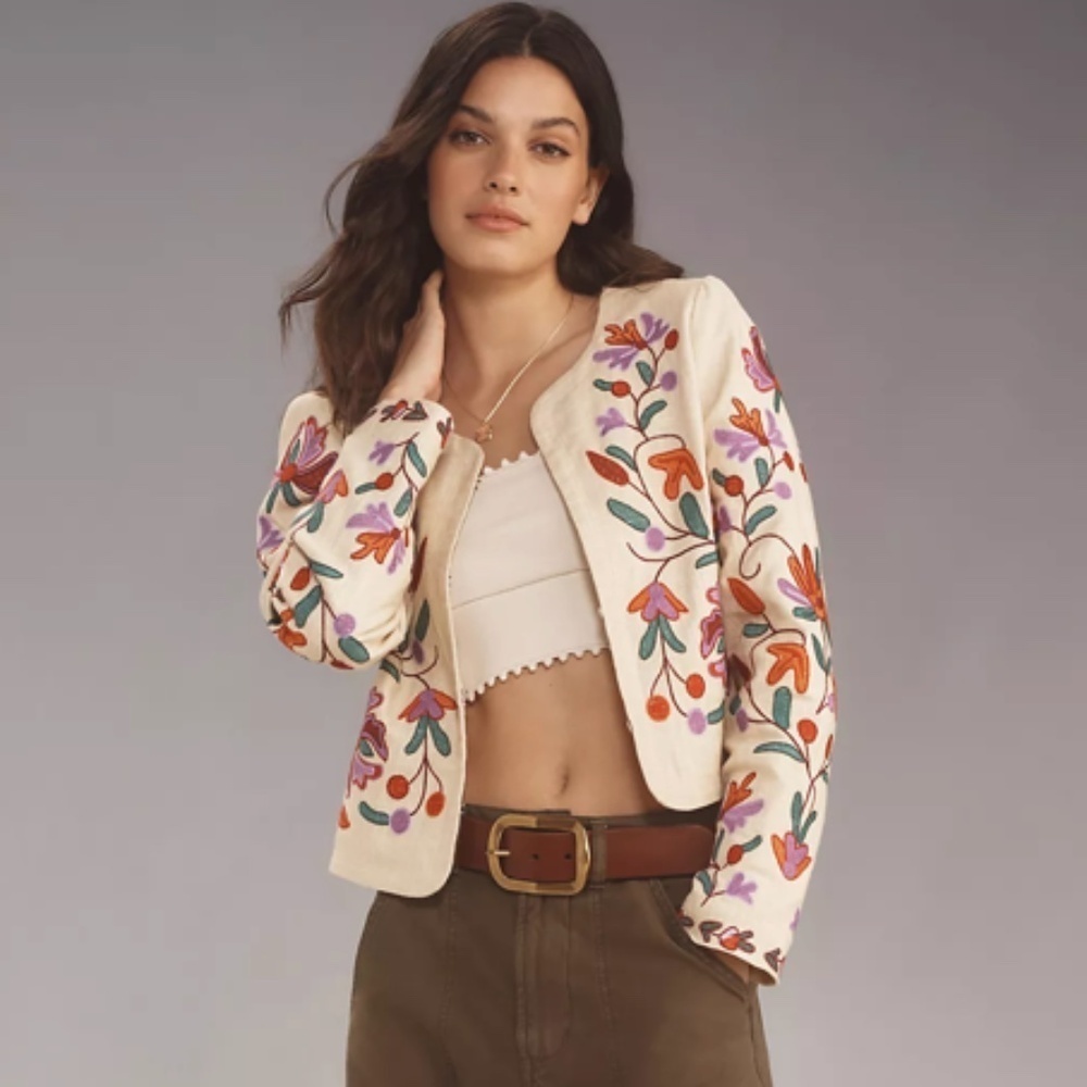 Anthropologie Dolan Embroidered Floral Linen Jacket Size XXS NWT
